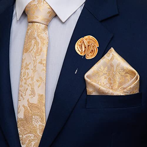 To The Nines Golden Microfiber Men's Tie, Pocket Square & Lapel Pin