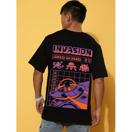 Veirdo_Pure Cotton Oversized Loose Baggy Fit Round Neck Half Sleeve Cool Graphic Printed T-Shirt For Men & Boys (Sizes S To 2Xl) (Os_100_Invasion_Bl_L)
