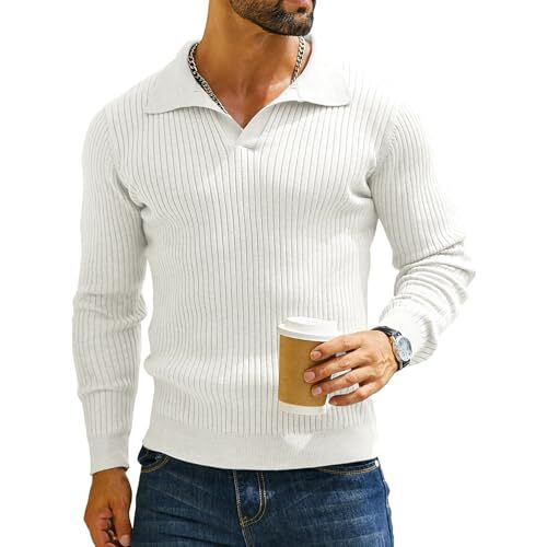 Denimholic Men's Cotton Full Sleeve Collar Polo Sweater For Men, Rib Knitted Sweaters For Men Winter, (In, Alpha, L, White, Fitted)