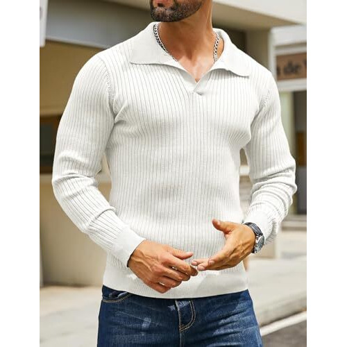 Denimholic Men's Cotton Full Sleeve Collar Polo Sweater For Men, Rib Knitted Sweaters For Men Winter, (In, Alpha, L, White, Fitted)