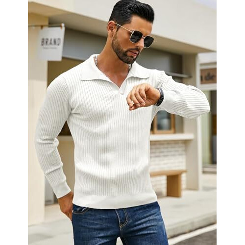 Denimholic Men's Cotton Full Sleeve Collar Polo Sweater For Men, Rib Knitted Sweaters For Men Winter, (In, Alpha, L, White, Fitted)