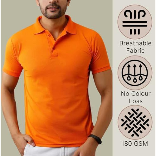 Inkkr Men's Polo Neck Solid Orange Half Sleeve T-Shirt,Xs To 3Xl