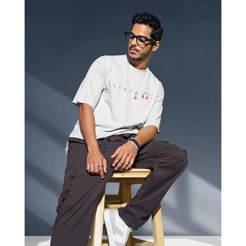 Bewakoof Men's Typography 100% Cotton T-Shirt - Oversized Fit, Round Neck, Half Sleeves White