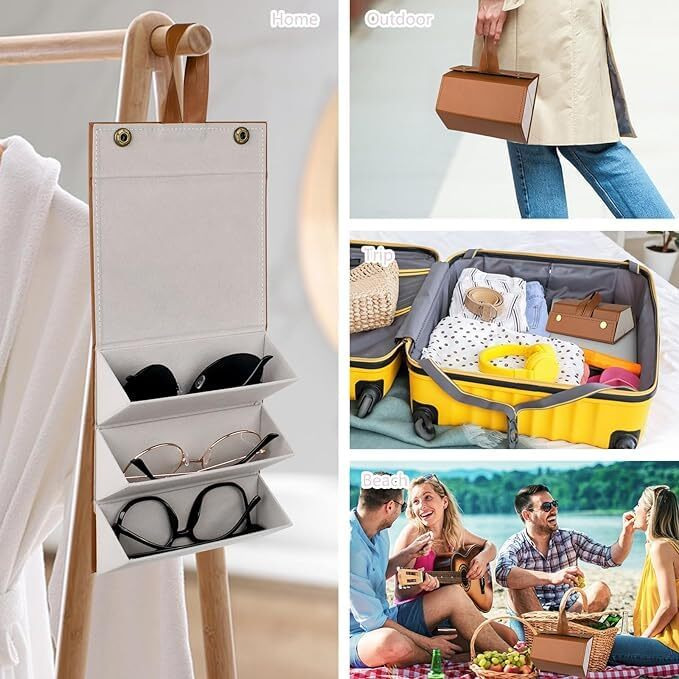 Boldstuff Travel Sunglasses Organizer Storage Organizer Holder Foldable Sunglasses Organizer Box Travel Eyewear Case With 3 Compartments For Portable Glasses With Strap-Unisex Brown