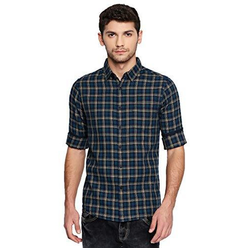 Dennis Lingo Men's Checkered Tealblue Slim Fit Casual Shirt