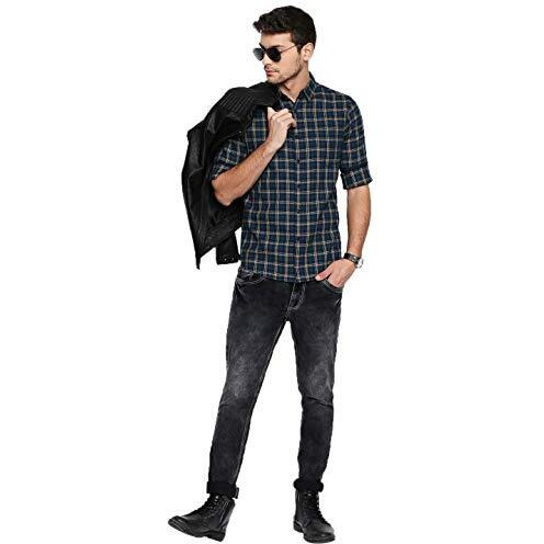 Dennis Lingo Men's Checkered Tealblue Slim Fit Casual Shirt