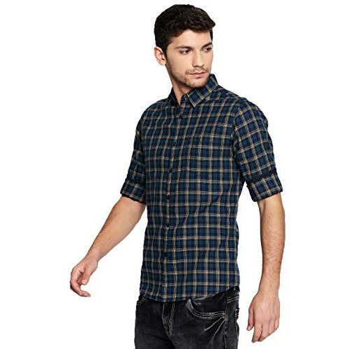 Dennis Lingo Men's Checkered Tealblue Slim Fit Casual Shirt