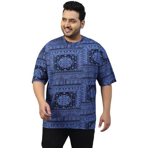 Veirdo 100% Pure Cotton Oversized Loose Baggy Fit Drop Shoulder Paisley Printed Plus Size T-Shirt For Men (Vd_Ps_785_Nb_4Xl) Navyblue