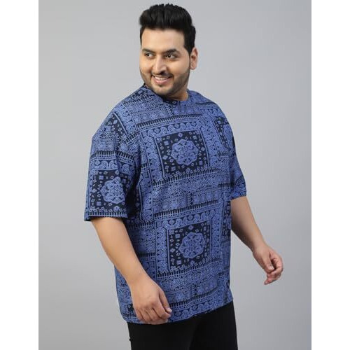 Veirdo 100% Pure Cotton Oversized Loose Baggy Fit Drop Shoulder Paisley Printed Plus Size T-Shirt For Men (Vd_Ps_785_Nb_4Xl) Navyblue
