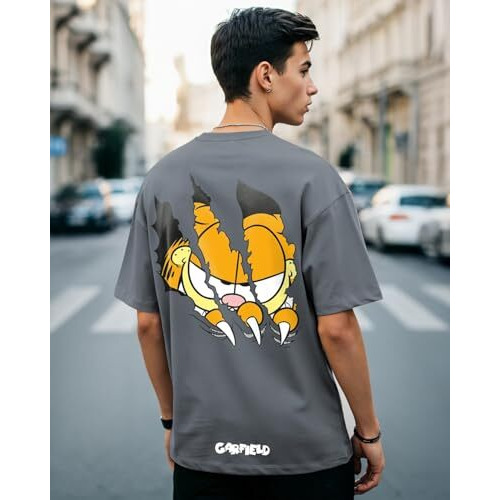 Bewakoof X Official Garfield Merchandise Men's Smiling Cat Graphic Printed 100% Cotton T-Shirt - Oversized Fit, Round Neck, Half Sleeves