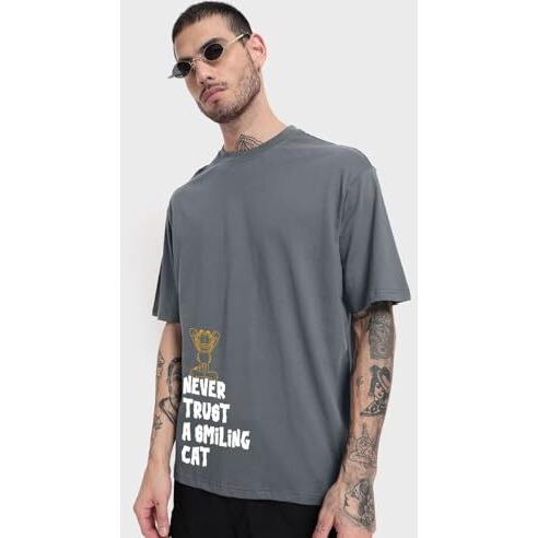 Bewakoof X Official Garfield Merchandise Men's Smiling Cat Graphic Printed 100% Cotton T-Shirt - Oversized Fit, Round Neck, Half Sleeves