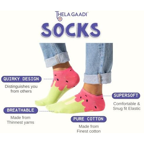 Thela Gaadi Pure Cotton Printed Funky Socks For Men & Women (Pack Of 4) | Unisex, Low Cut Ankle Length | Summer Prints Socks | Odour Free, Breathable, Adaptive Fit