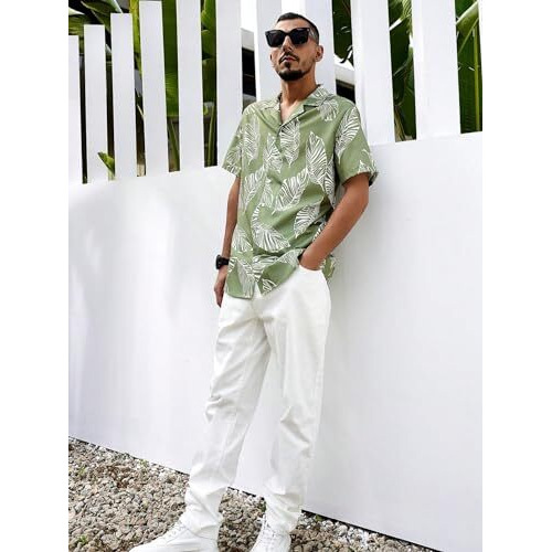 Lookmark Men's Vibrant Printed Half Sleeve Loose Fit Casual Shirt In Cotton Blend  Perfect For Beach Days, Everyday Comfort, And Effortless Style (Az-Lm-Og-Printed Shirt Breeze-M) Green