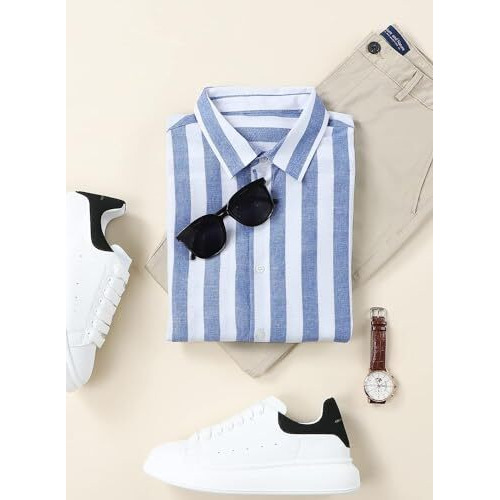 Be Active Men's Casual Linen Blend Stripes Regular Fit Shirt || Casual Shirts For Men || Men Casual Shirt || Casual Wear Shirts (Rf0024 9 L) Blue