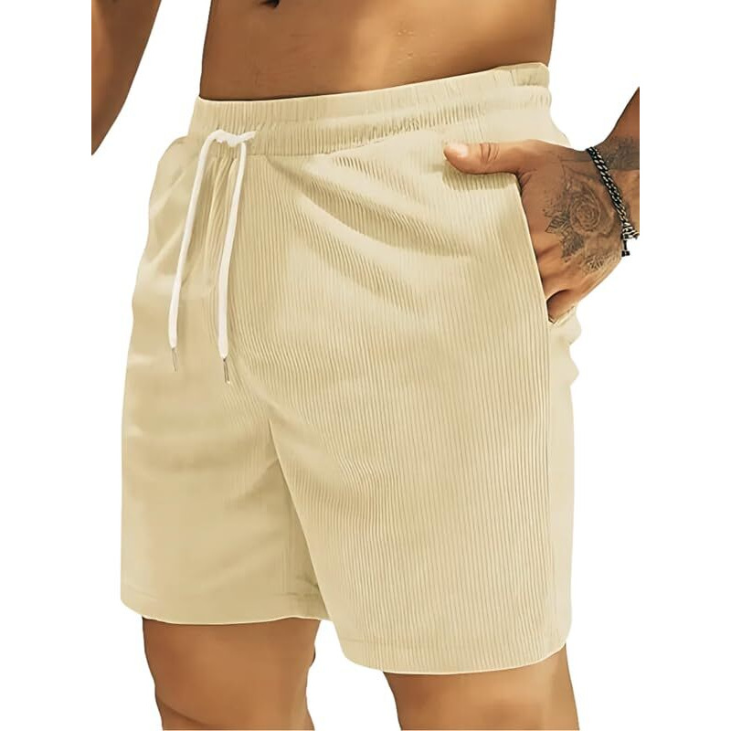 Smowkly Men's Premium Polycotton Casual Ribbed Shorts || Elastic & Drawstring Waist With 2 Pocket || Loose Fit Lightweight Burmuda Perfect For Workout, Beach & Summer (1653_Ck_M)