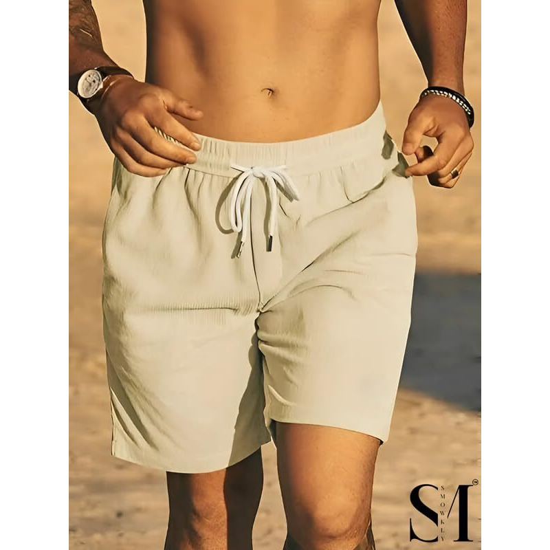 Smowkly Men's Premium Polycotton Casual Ribbed Shorts || Elastic & Drawstring Waist With 2 Pocket || Loose Fit Lightweight Burmuda Perfect For Workout, Beach & Summer (1653_Ck_M)