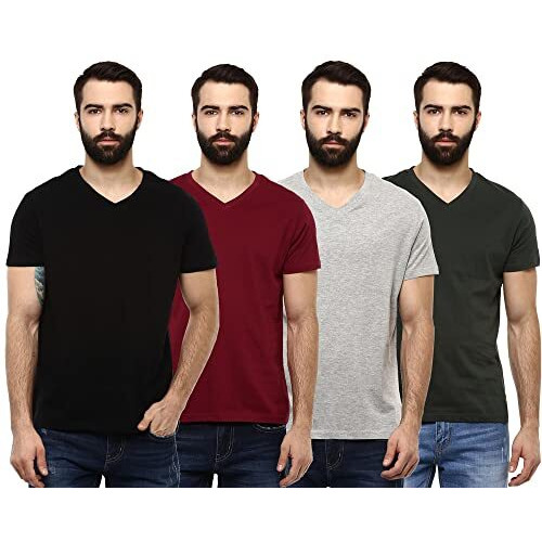 Aventura Outfitters Premium Pure Cotton V-Neck Regular Fit Tshirts For Men - (Pack Of 4) (Ao35-5Xl_Black, Grey Melange, Rio Red & Mehndi Green)