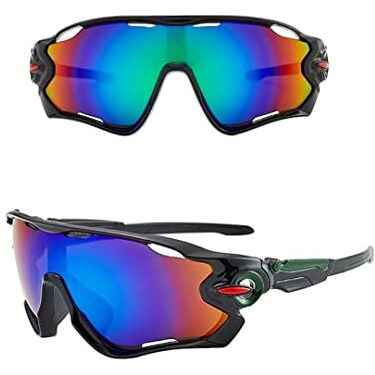 Huvora  Sports Mirrored Wraparound Sunglasses For Cycling Cricket Riding Trekking || Hydrophobic || Full Coverage || Uv 400 Protection || Free Case Box (Black Green Purple)