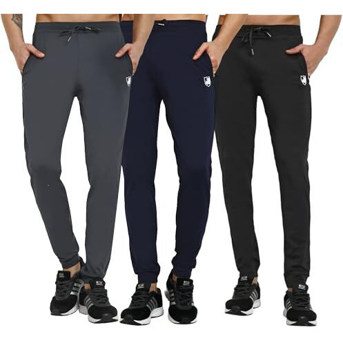 Rynogear Men's Lycra Stretchable Mid Rise Track Pants Combo With Zipper Pockets (Pack Of 3), Large, Multicolor