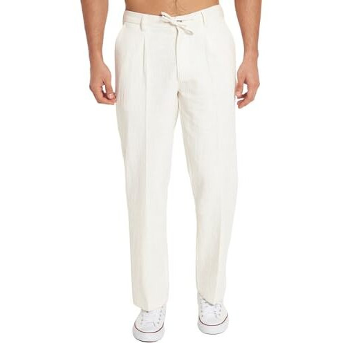Thevasa Linen Comfort Casual Ease Mens Pants Comfortable And Stylish Casual Mid Rise Trousers/Perfect For Office, Work, And Everyday Wear White 34