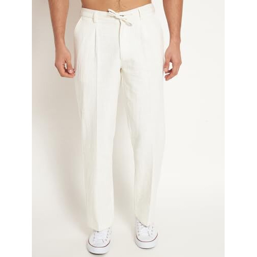 Thevasa Linen Comfort Casual Ease Mens Pants Comfortable And Stylish Casual Mid Rise Trousers/Perfect For Office, Work, And Everyday Wear White 34