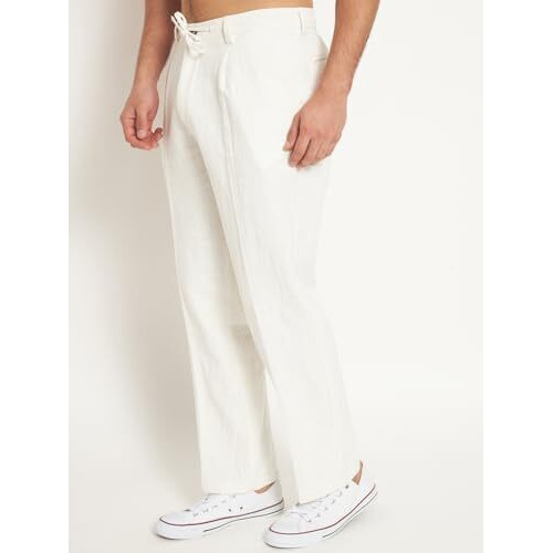 Thevasa Linen Comfort Casual Ease Mens Pants Comfortable And Stylish Casual Mid Rise Trousers/Perfect For Office, Work, And Everyday Wear White 34