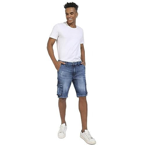 Campus Sutra Men's Blue Distressed Cargo Denim Shorts For Casual Wear | Medium-Wash Button Closure | Denim Denim Shorts Crafted With Comfort Fit For Everyday Wear