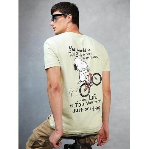 Bewakoof X Official Peanuts Merchandise Men's Move On Graphic Print 100% Cotton T-Shirt - Regular Fit, Round Neck, Half Sleeves Green