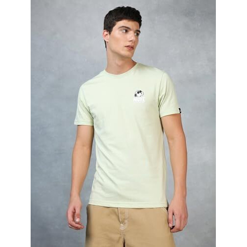 Bewakoof X Official Peanuts Merchandise Men's Move On Graphic Print 100% Cotton T-Shirt - Regular Fit, Round Neck, Half Sleeves Green