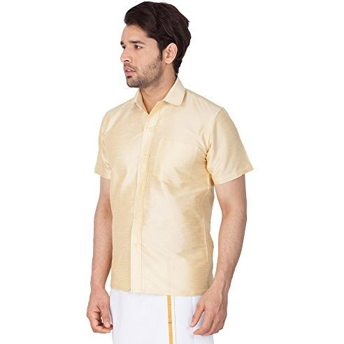 Vastramay Vm Mens Silk Blend Gold Shirt - Effortless Style For Everyday Comfort | Ethnic South Indian Silk Shirt Half Sleeves | Modern Designs And Contemporary Fit_Vasmshgo001_42