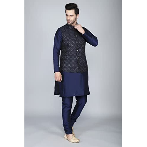 Ethluxis Men's Silk Blend Kurta Churidar Pyjama With Ethnic Bundi Jacket Set (38, Navy/Navy, Regular Fit)