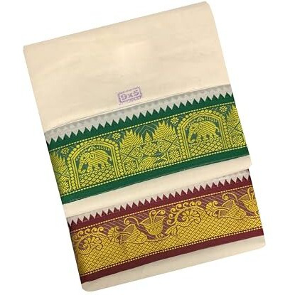 Prakasam Cotton Mens Panchakacham 9X5 Unbleached Cotton Colour Dhoti + Towel Set (Off White)