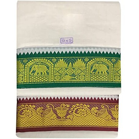 Prakasam Cotton Mens Panchakacham 9X5 Unbleached Cotton Colour Dhoti + Towel Set (Off White)