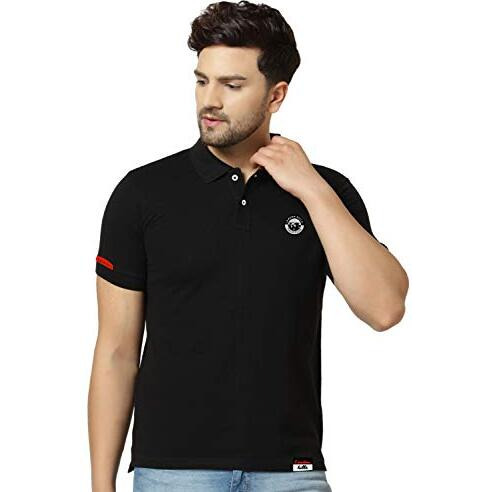 London Hills Men's Half Sleeve Cotton Blend Casual Polo Neck Regular Fit Non-Shrinkable Black T-Shirt (With Badge On Chest)