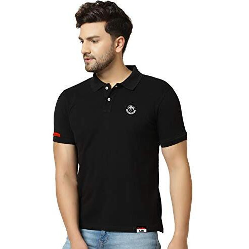 London Hills Men's Half Sleeve Cotton Blend Casual Polo Neck Regular Fit Non-Shrinkable Black T-Shirt (With Badge On Chest)