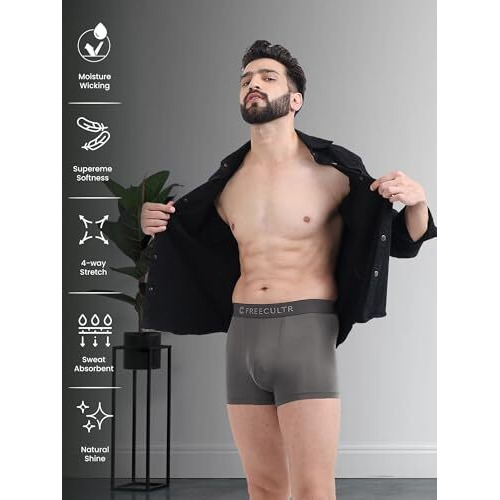 Freecultr Men's Underwear Anti Bacterial Micromodal Airsoft Trunk - Non Itch No Chaffing Sweat Proof - Sable Black,Avocado Green,Mist Grey,Port Wine,Space Blue Size L Pack 5