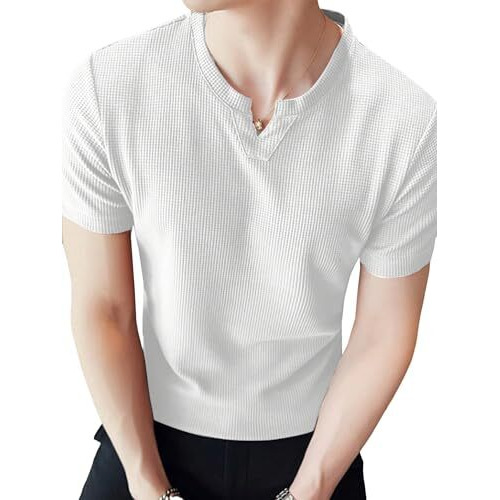 Tagdo Men's Waffle Knitted V Neck Regular Fit Tees (Rf-V-Waffle-2012-White-L)
