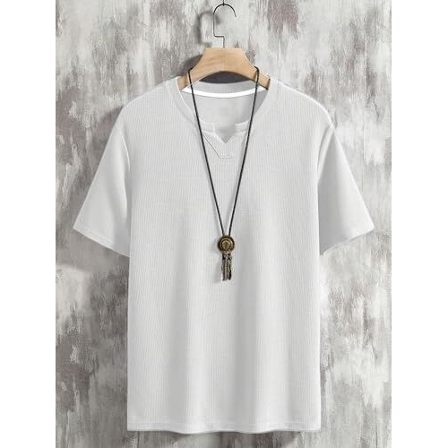 Tagdo Men's Waffle Knitted V Neck Regular Fit Tees (Rf-V-Waffle-2012-White-L)
