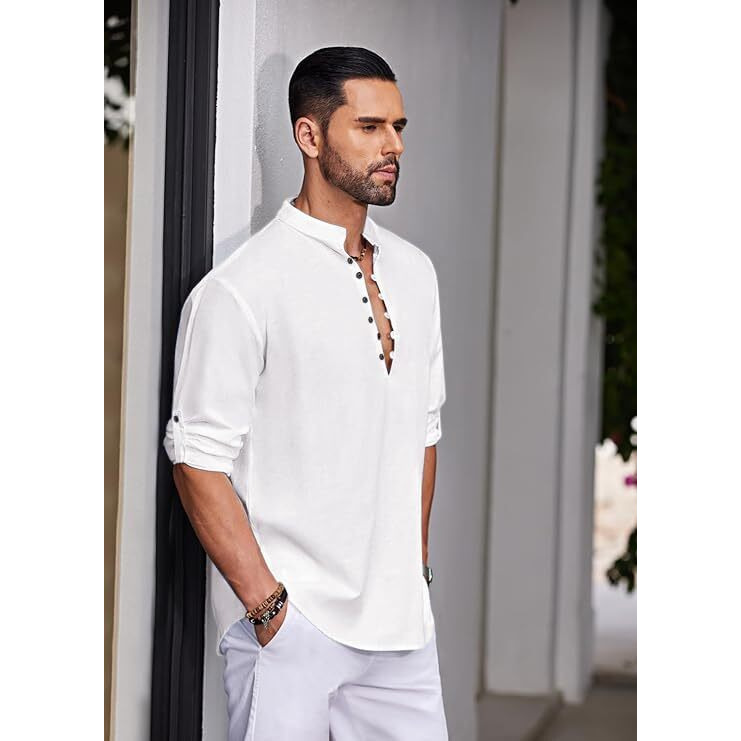 Finivo Fashion Men's Solid Cotton Blend Full Sleeve Regular Fit Straight Kurta Shirt, White, L, Pack Of 1
