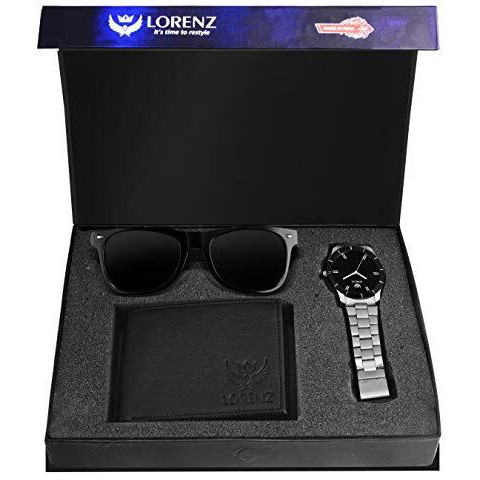 Lorenz Stainless Steel Combo Of Analog Black Dial Watch, Wallet And Black Sunglasses For Men- Cm-1066Sn-Wl-Blk