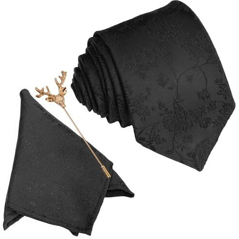 To The Nines Black Floral Men's Tie, Pocket Square & Lapel Pin