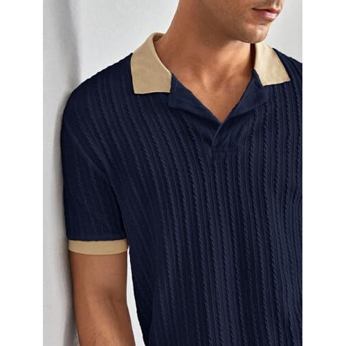 Textured Knit Polo Shirt With Contrast Collar And Cuffs (Jqrd-Solid-Polo-5245-Navy-M)