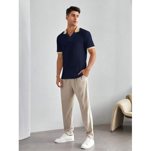 Textured Knit Polo Shirt With Contrast Collar And Cuffs (Jqrd-Solid-Polo-5245-Navy-M)