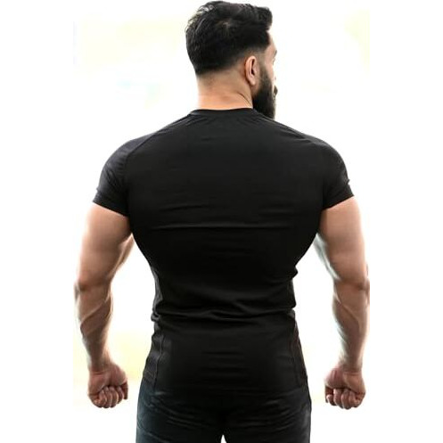 Round Neck Half Sleeves Gym Workout Solid Sports And Gym T-Shirt For Men (Medium, Black)