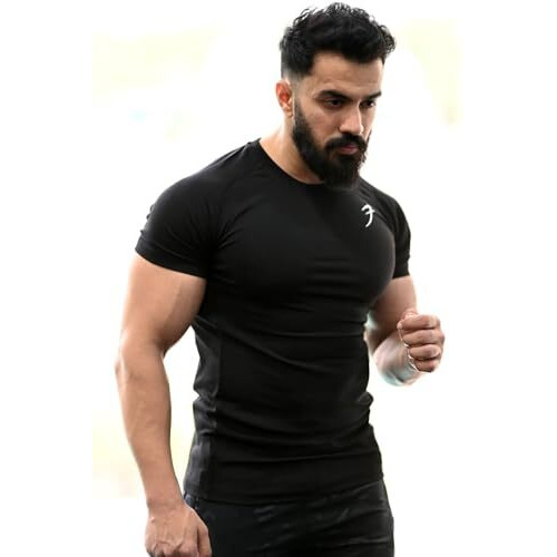 Round Neck Half Sleeves Gym Workout Solid Sports And Gym T-Shirt For Men (Medium, Black)