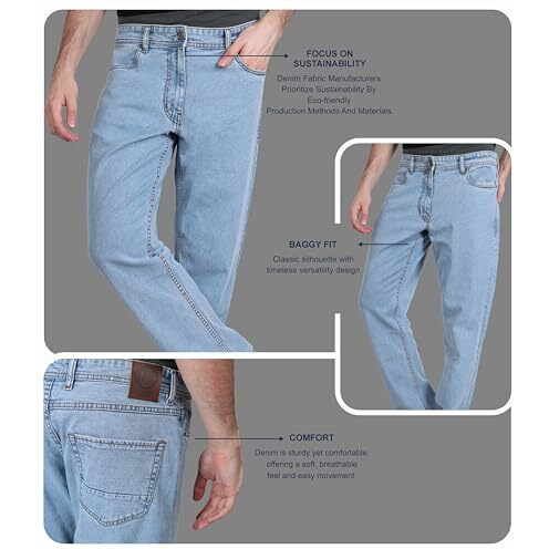I'sol MenS Loose Baggy Fit Wide Legged Jeans Ice Blue