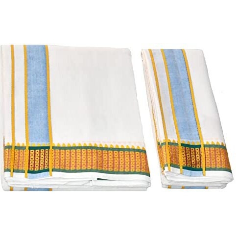 Tuni Mani Men's Panchakacham Casual Style Dhoti With Angavasthram With Zari Border, Cotton, Size 9 X 5 (4.0Mtr Dhoti, 2.25Mtr Towel) (White)