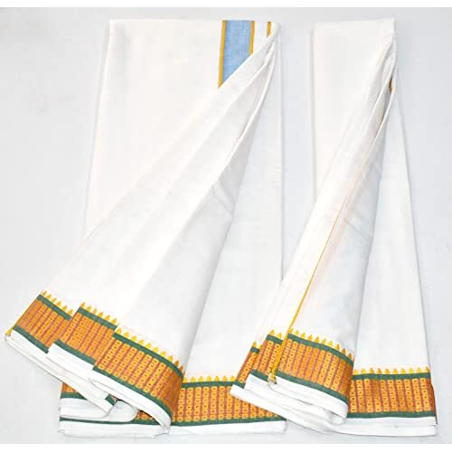 Tuni Mani Men's Panchakacham Casual Style Dhoti With Angavasthram With Zari Border, Cotton, Size 9 X 5 (4.0Mtr Dhoti, 2.25Mtr Towel) (White)