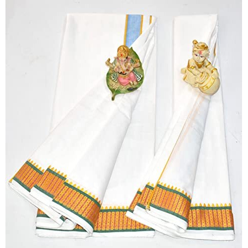 Tuni Mani Men's Panchakacham Casual Style Dhoti With Angavasthram With Zari Border, Cotton, Size 9 X 5 (4.0Mtr Dhoti, 2.25Mtr Towel) (White)