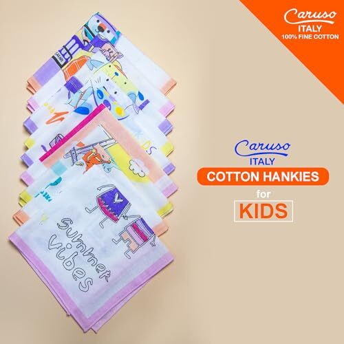 Caruso Italy Kids Cotton Handkerchiefs | Cartoon Printed, 100% Cotton Hankies | Handkerchief For Kids, Boys & Girls, Azo-Free, Everyday Use, Pack Of 9, 2-8 Years, 29X29Cm